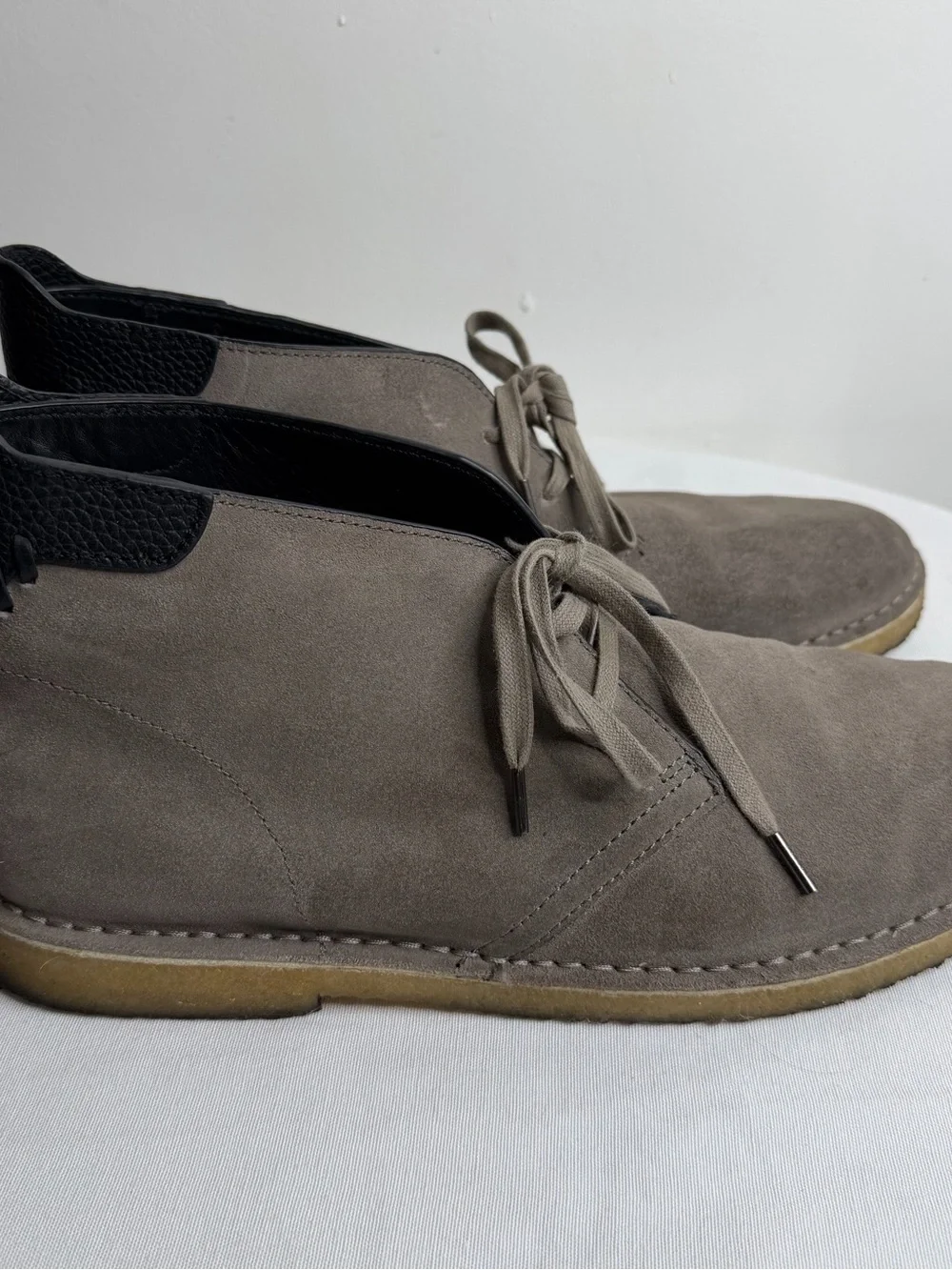 Coach Taupe Suede Chukka Boots with Black Heel Detail
